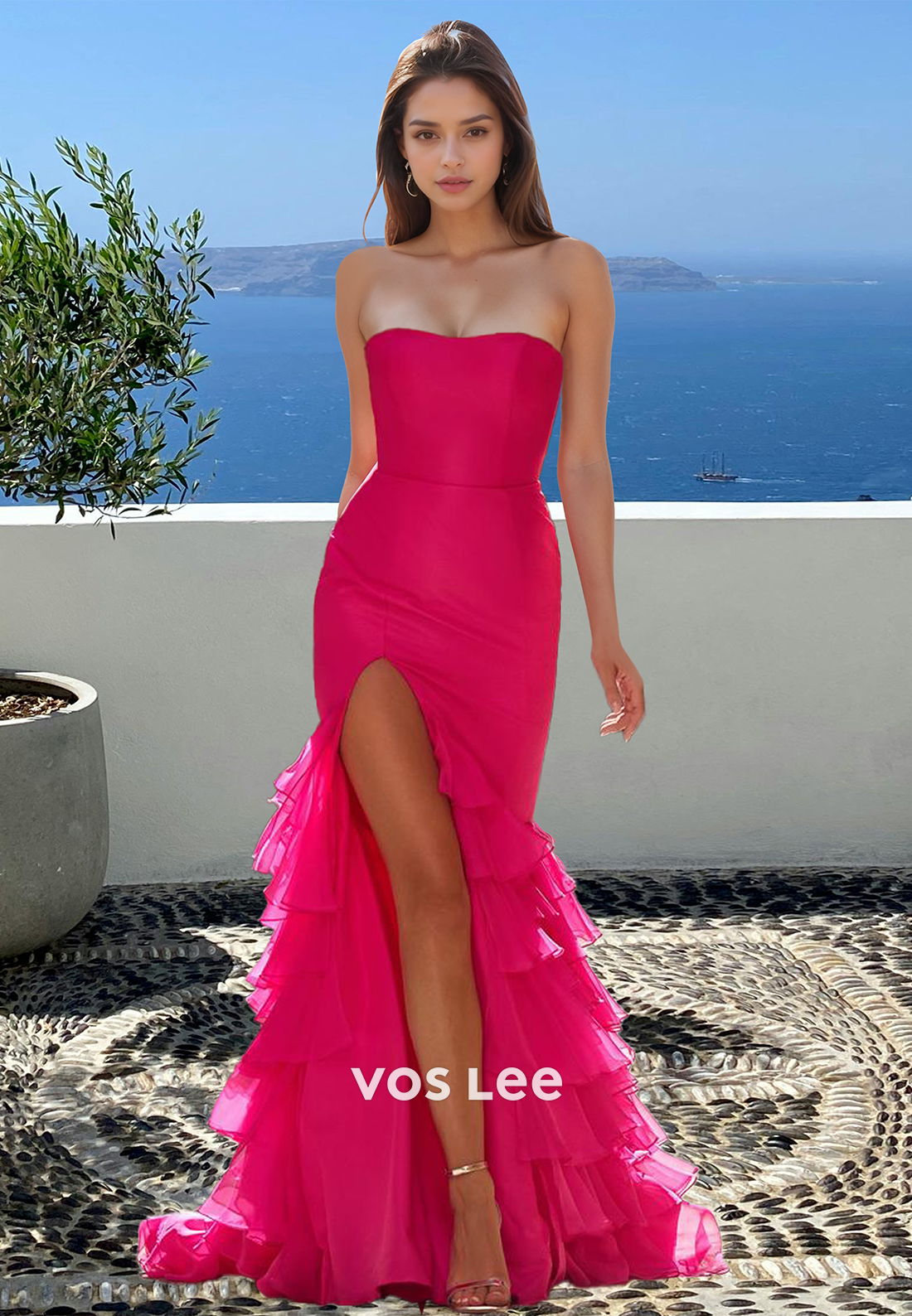 Chic Tube Top Sleeveless Mermaid Side Slit Train Lace Prom Dress Formal Dress