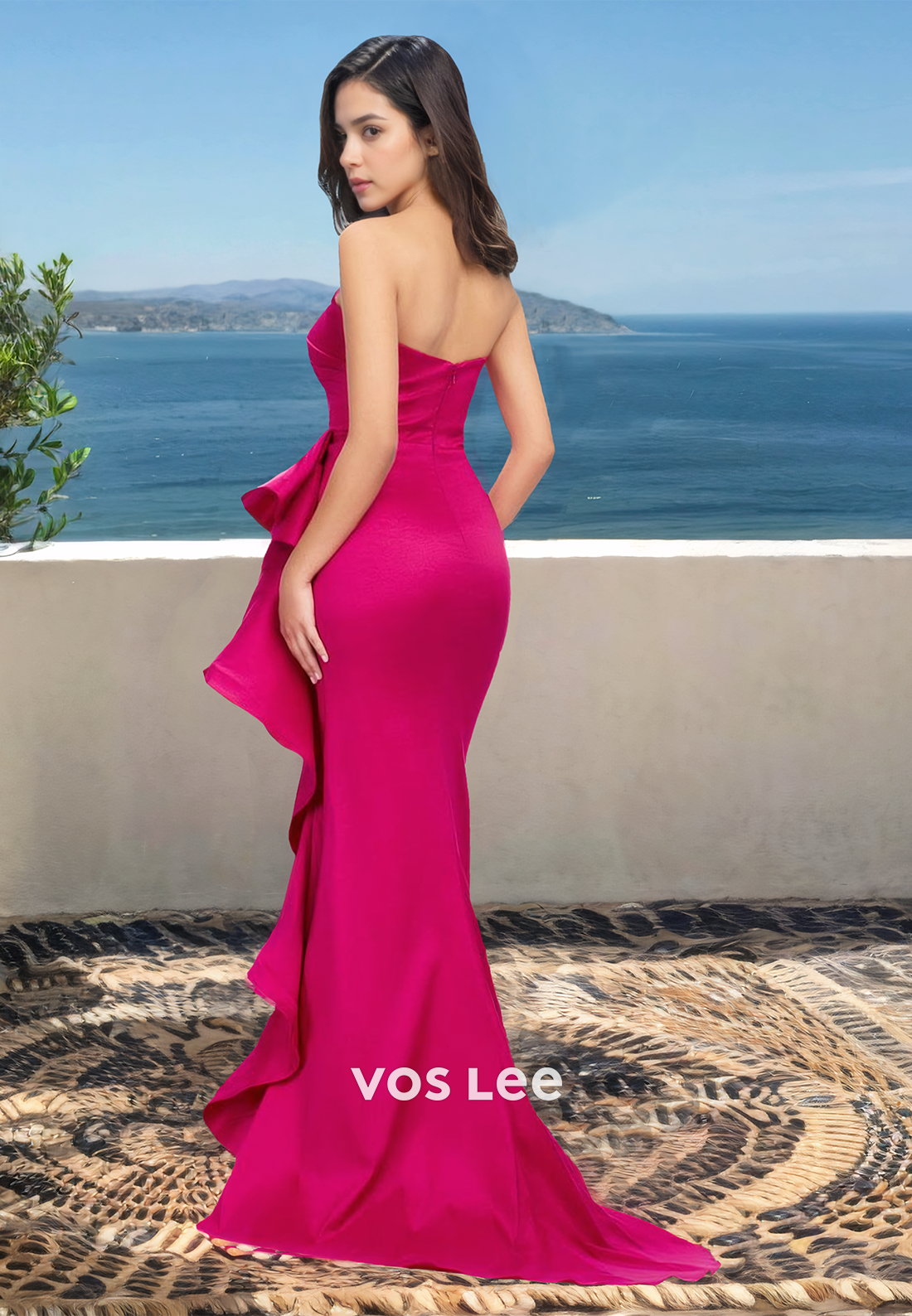 Classic Tube Top Sleeveless Side Slit Ruched Satin Prom Formal Party Dress with Train