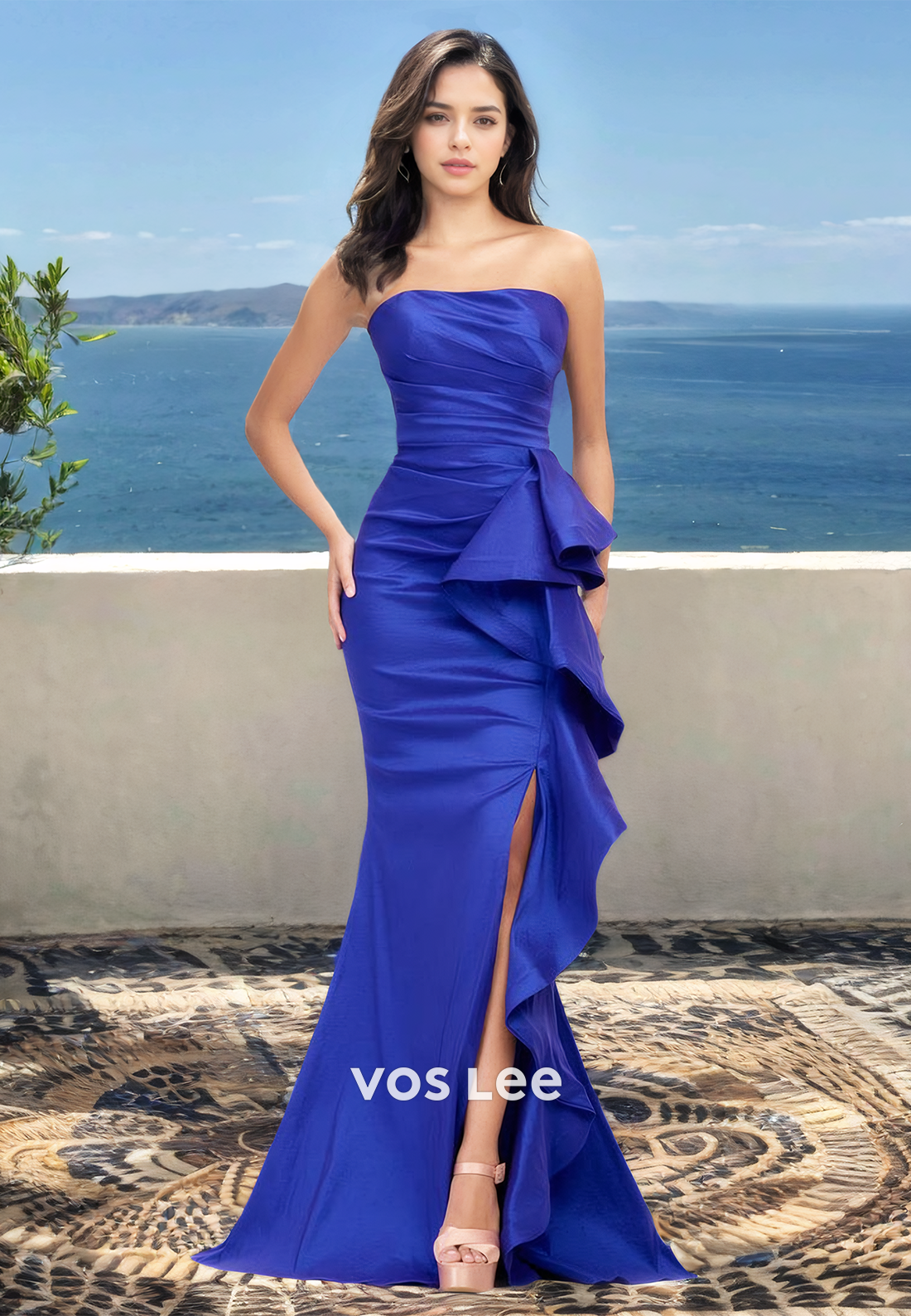 Classic Tube Top Sleeveless Side Slit Ruched Satin Prom Formal Party Dress with Train