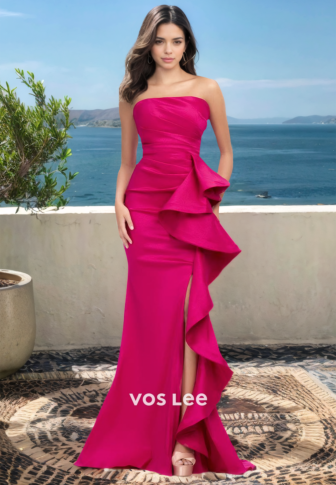 Classic Tube Top Sleeveless Side Slit Ruched Satin Prom Formal Party Dress with Train