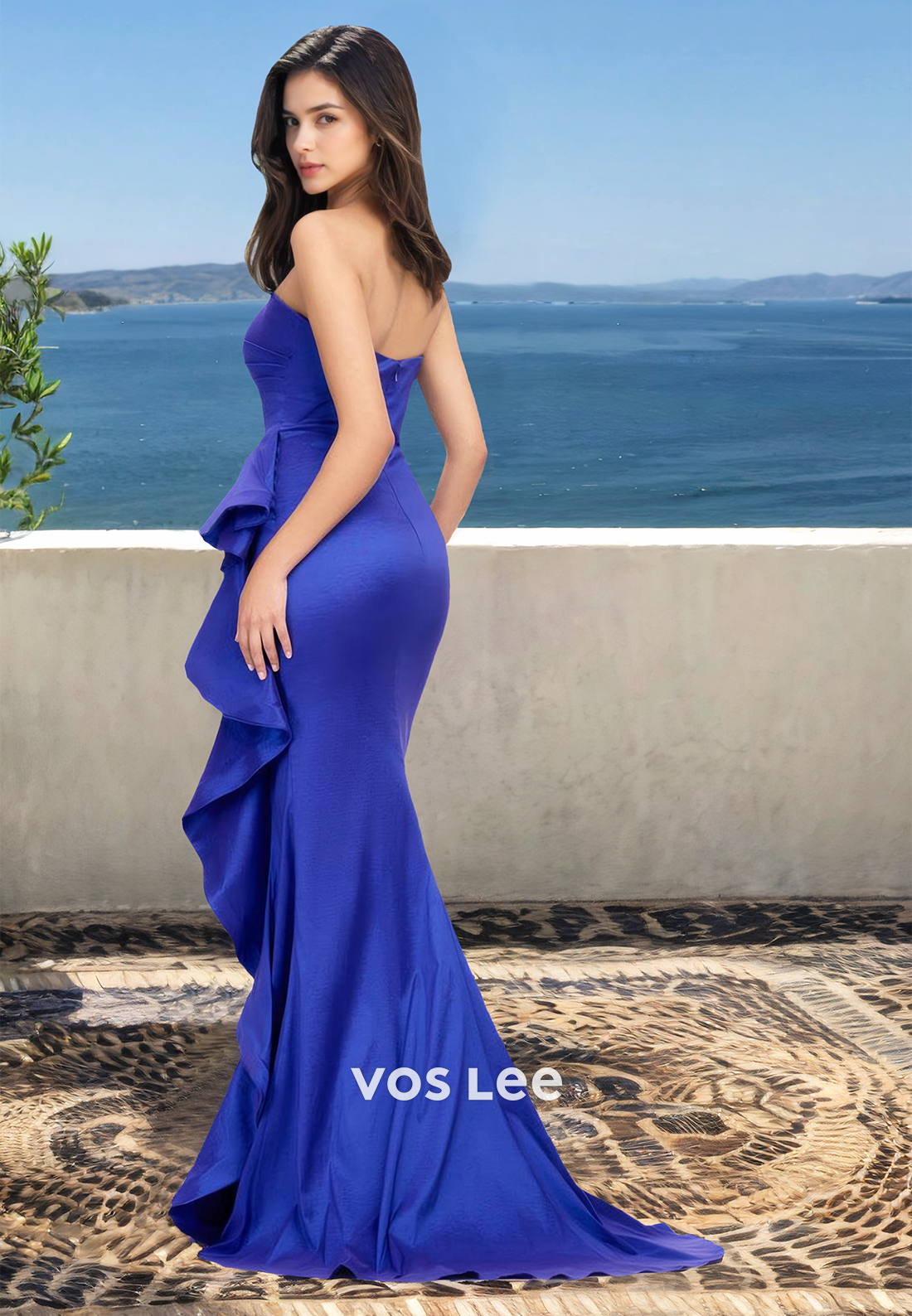 Classic Tube Top Sleeveless Side Slit Ruched Satin Prom Formal Party Dress with Train