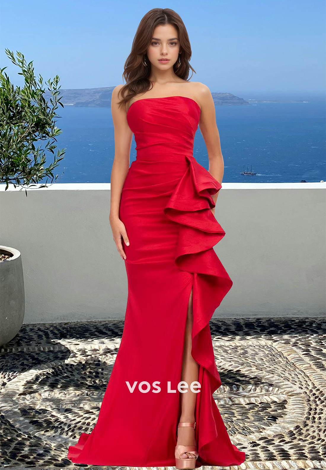 Classic Tube Top Sleeveless Side Slit Ruched Satin Prom Formal Party Dress with Train