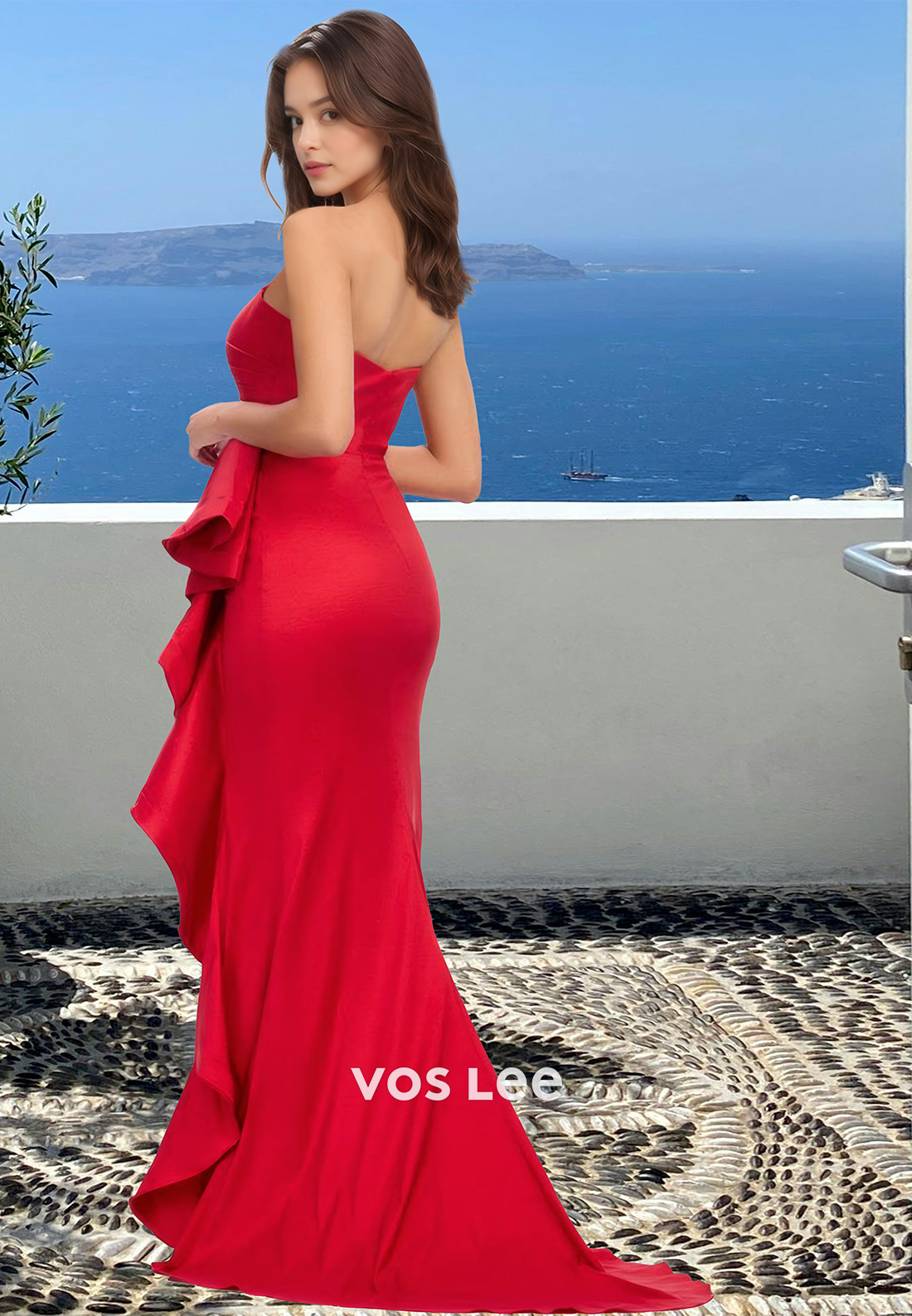 Classic Tube Top Sleeveless Side Slit Ruched Satin Prom Formal Party Dress with Train