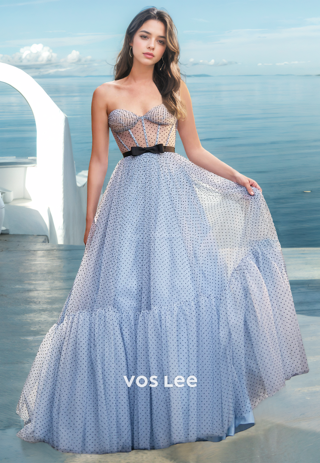 Graceful A-Line Sweetheart Sleeveless Stripe Pleats Lace Prom Evening Dress with Bows