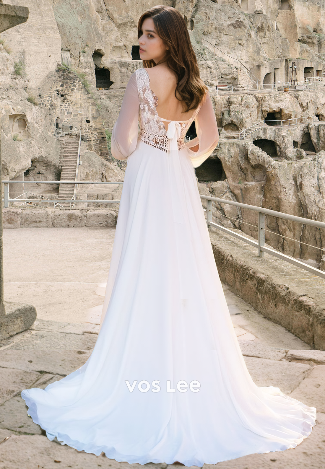 Graceful V Neck Long Sleeves Lace Up Appliques Satin Wedding Bride Dress