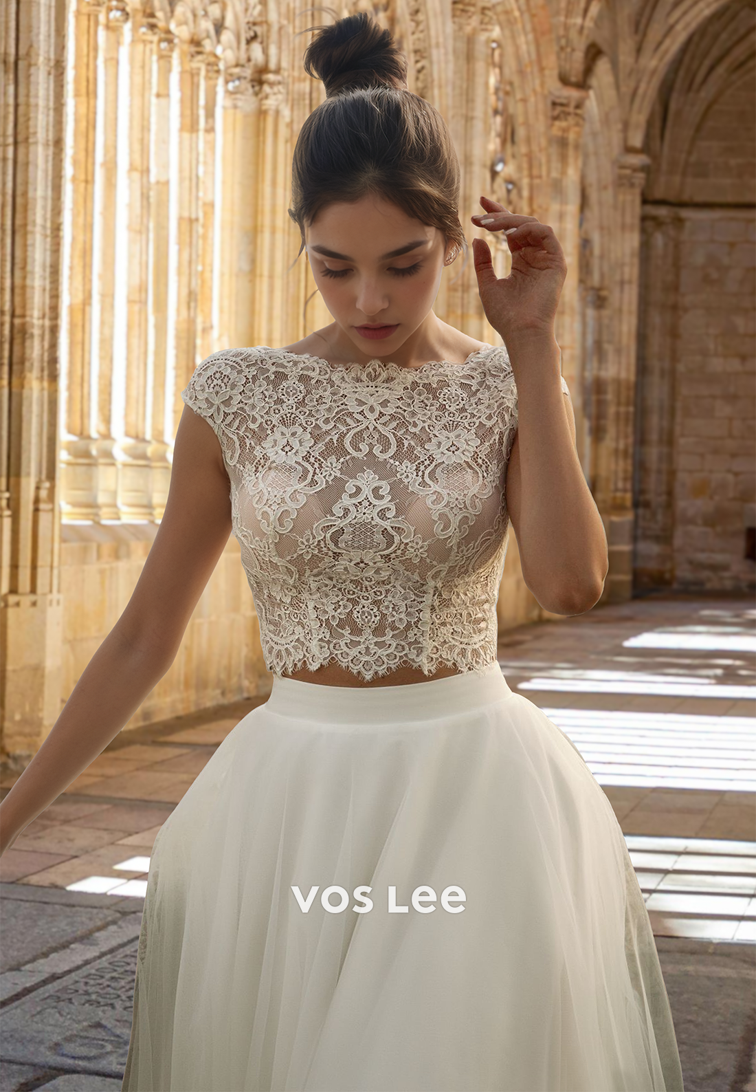 Charming Bateau Cap Sleeves Lace Appliques Sweep Train Tulle Ruched Wedding Gown