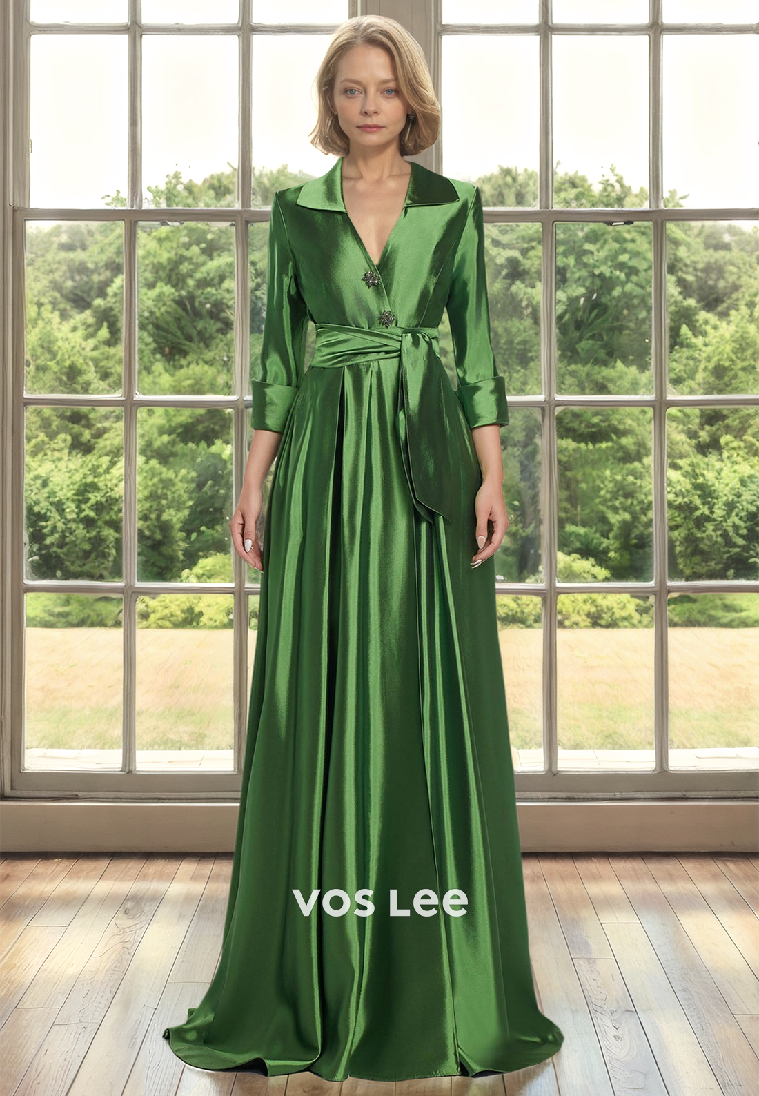 A-Line V-Neck Sleeves Pleated Satin Mother of Bride Dress with Beads Cocktail Dress