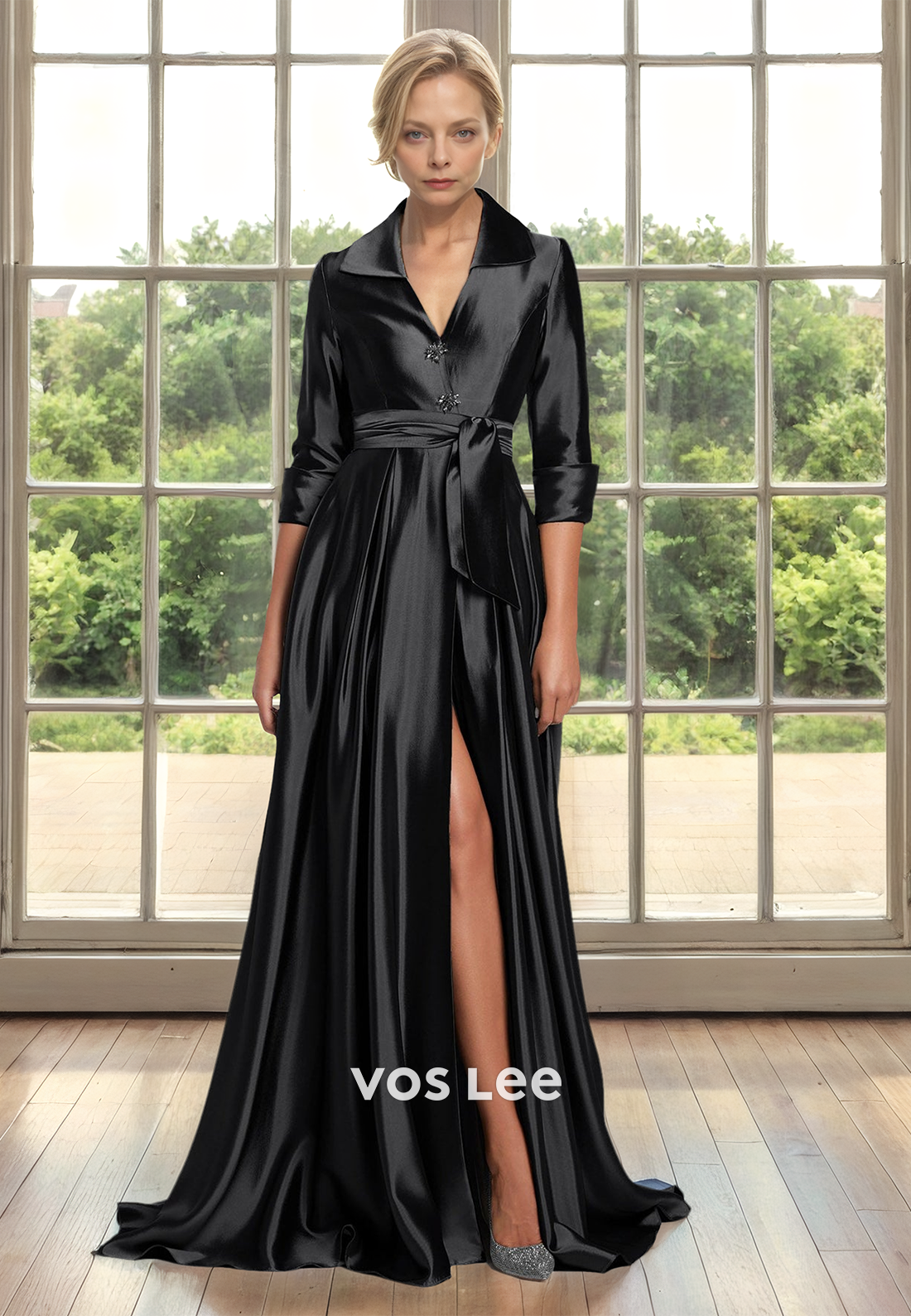 A-Line V-Neck Sleeves Pleated Satin Mother of Bride Dress with Beads Cocktail Dress