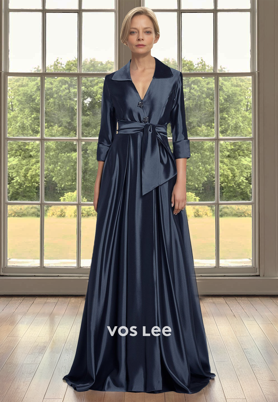 A-Line V-Neck Sleeves Pleated Satin Mother of Bride Dress with Beads Cocktail Dress