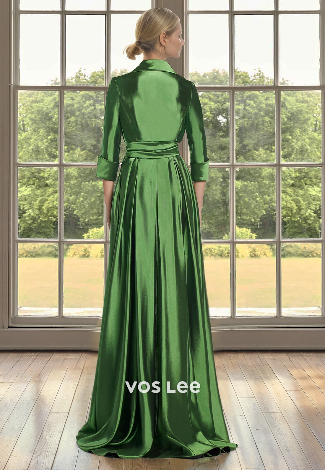 A-Line V-Neck Sleeves Pleated Satin Mother of Bride Dress with Beads Cocktail Dress