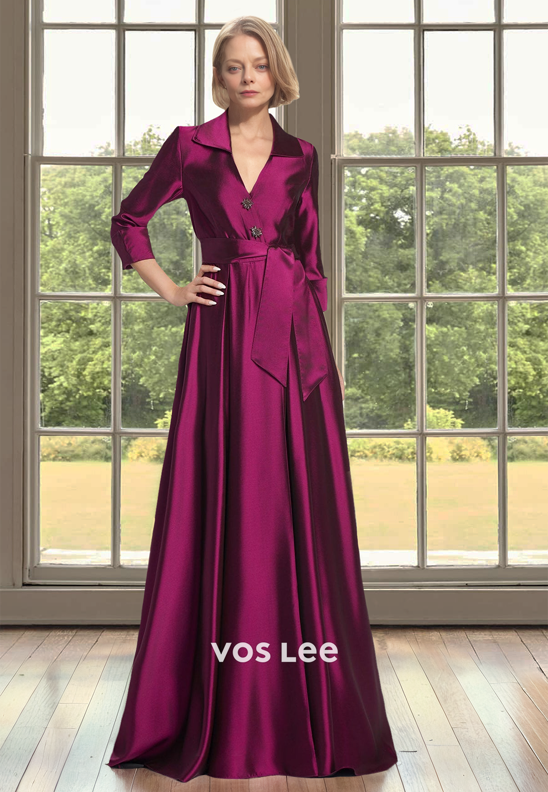 A-Line V-Neck Sleeves Pleated Satin Mother of Bride Dress with Beads Cocktail Dress