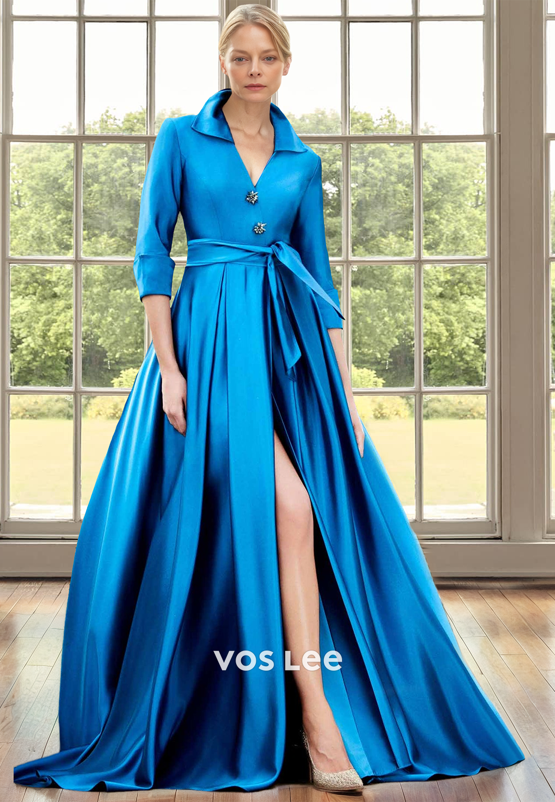 A-Line V-Neck Sleeves Pleated Satin Mother of Bride Dress with Beads Cocktail Dress