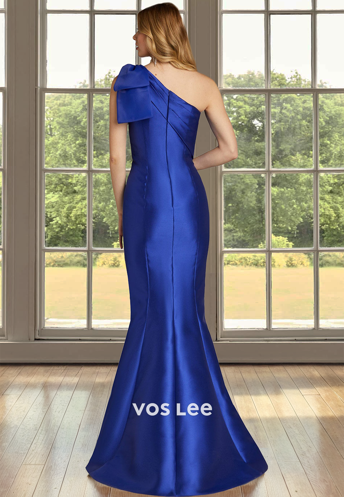 One Shoulder Sleeveless Mermaid Satin Cocktail Dress Mother of Groom with Bows