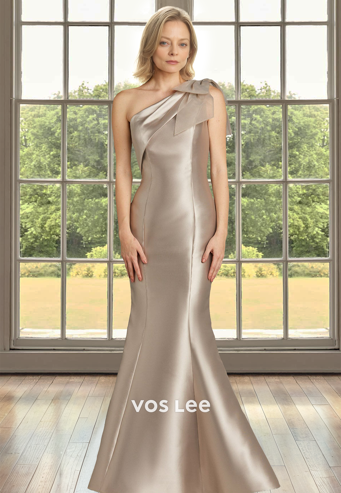 One Shoulder Sleeveless Mermaid Satin Cocktail Dress Mother of Groom with Bows