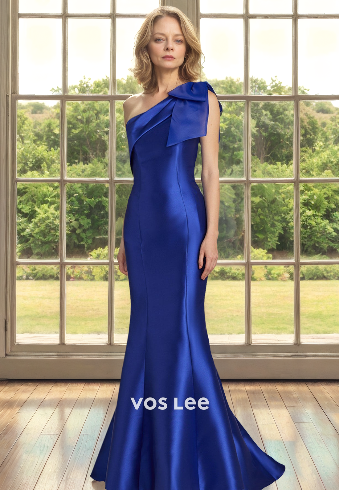 One Shoulder Sleeveless Mermaid Satin Cocktail Dress Mother of Groom with Bows