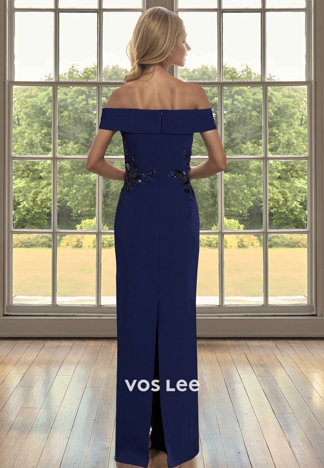 Off-Shoulder Sleeveless Sheath Long Sequin Appliques Satin Mother of Bride Cocktail Dress