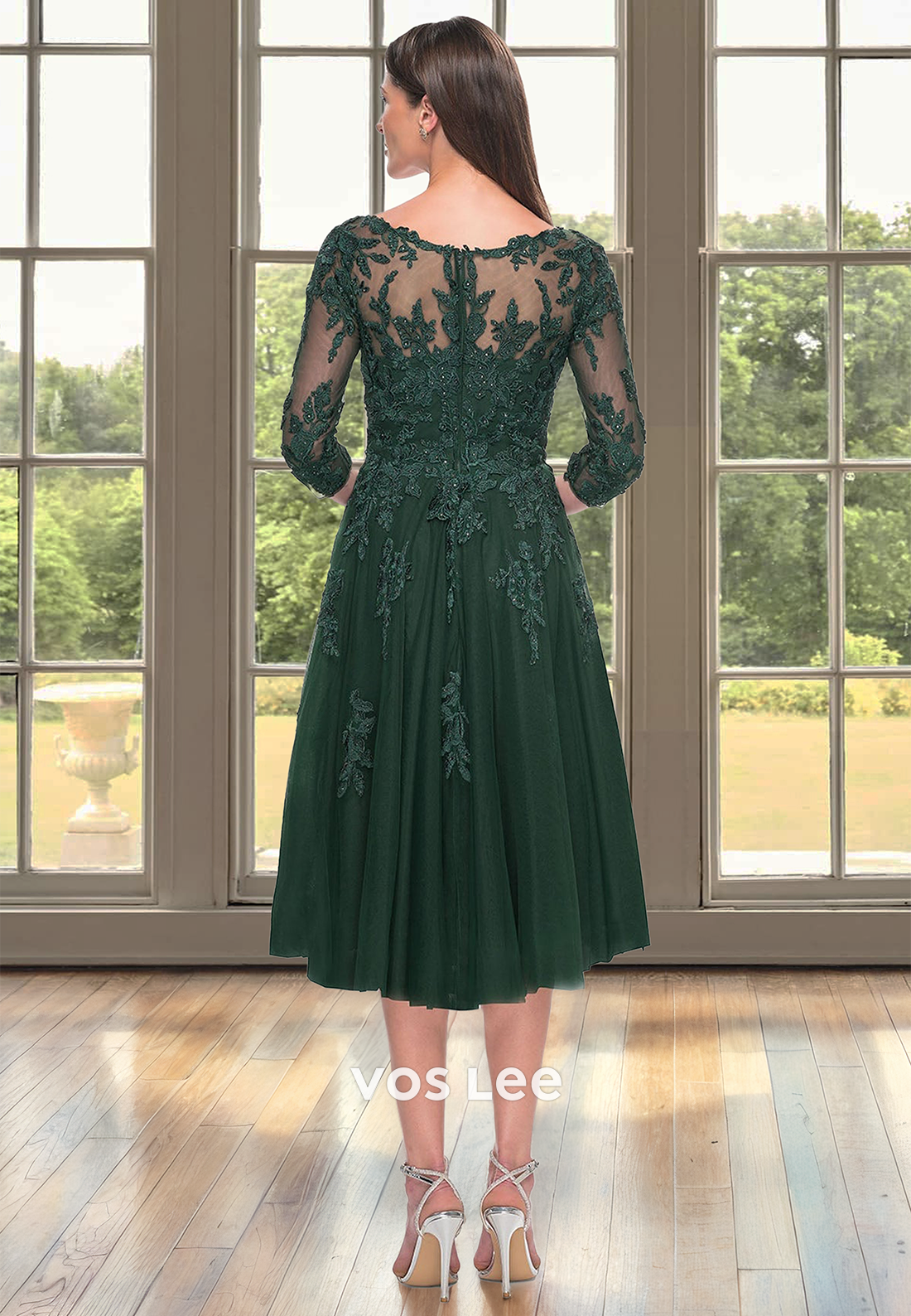 A-Line Low V-Neck Sleeves Pleats Lace Cocktail Dress Mother of Bride Dress with Applique
