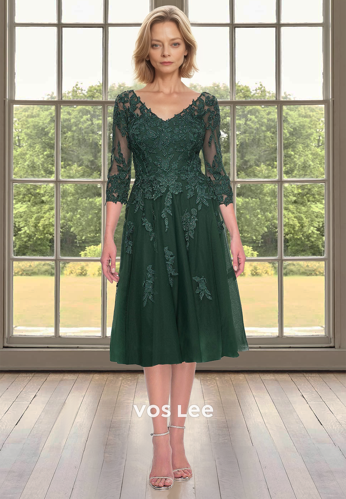 A-Line Low V-Neck Sleeves Pleats Lace Cocktail Dress Mother of Bride Dress with Applique