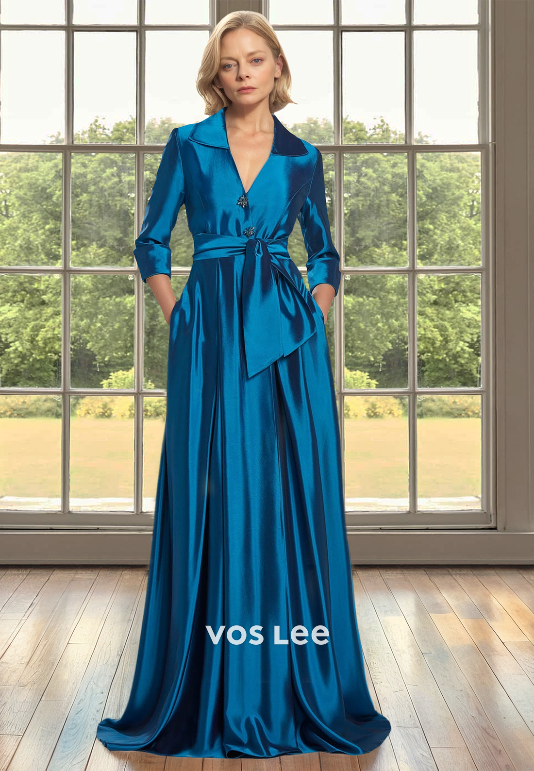 A-Line V-Neck Sleeves Pleated Satin Mother of Bride Dress with Beads Cocktail Dress
