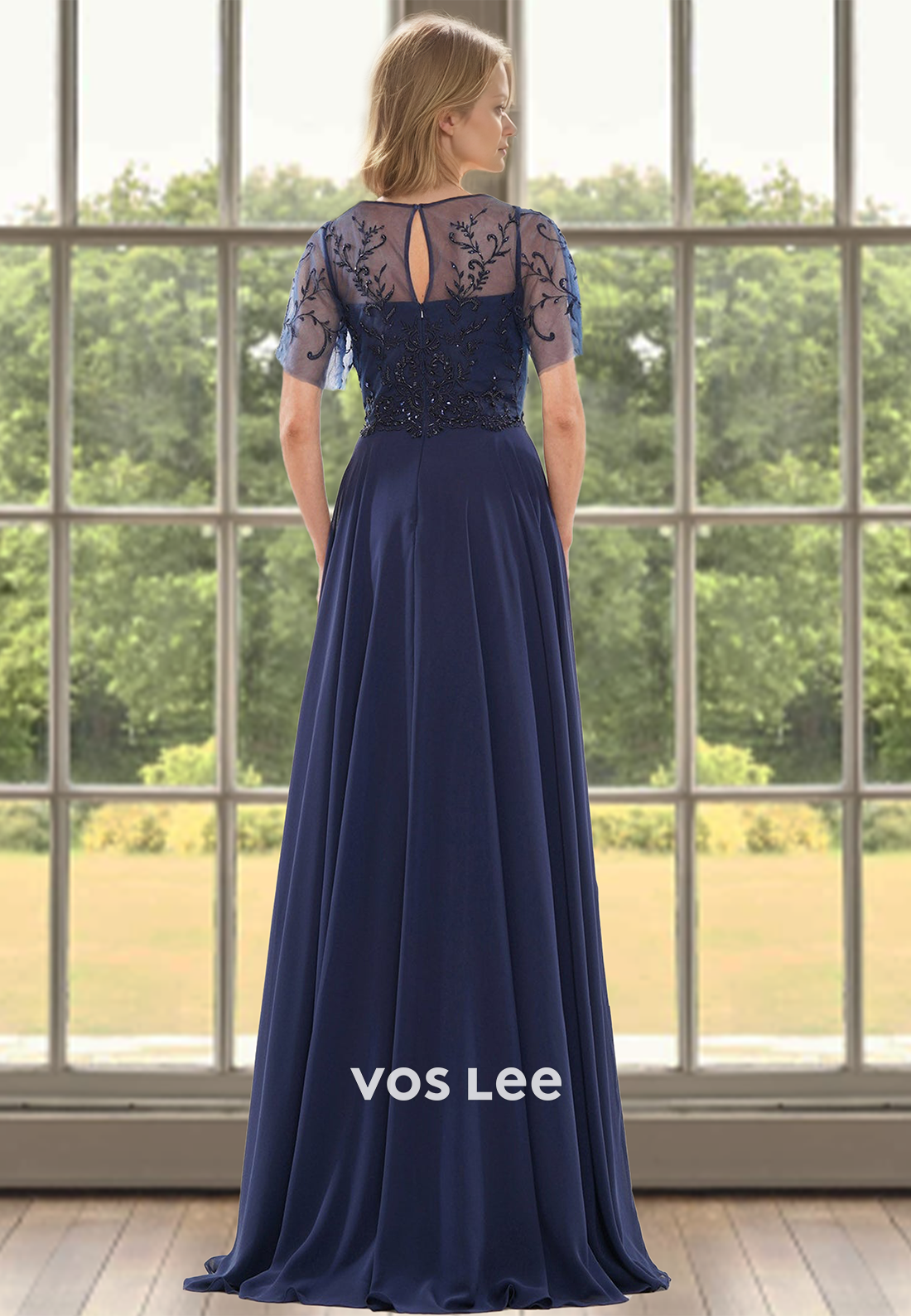 Vintage A-Line Scoop Neck Short Sleeves Pleated Lace Mother of the Bride Dress