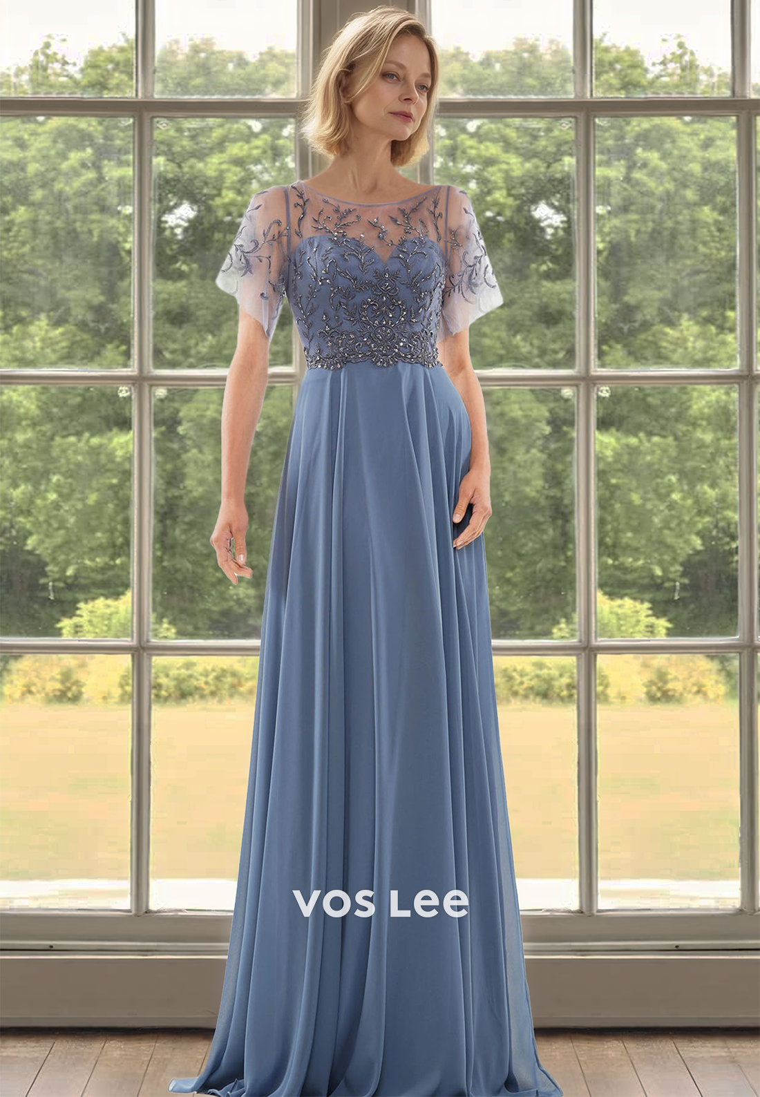 Vintage A-Line Scoop Neck Short Sleeves Pleated Lace Mother of the Bride Dress