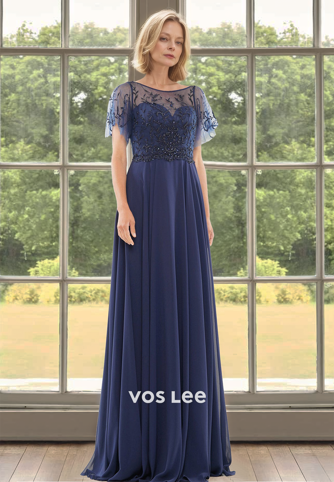 Vintage A-Line Scoop Neck Short Sleeves Pleated Lace Mother of the Bride Dress