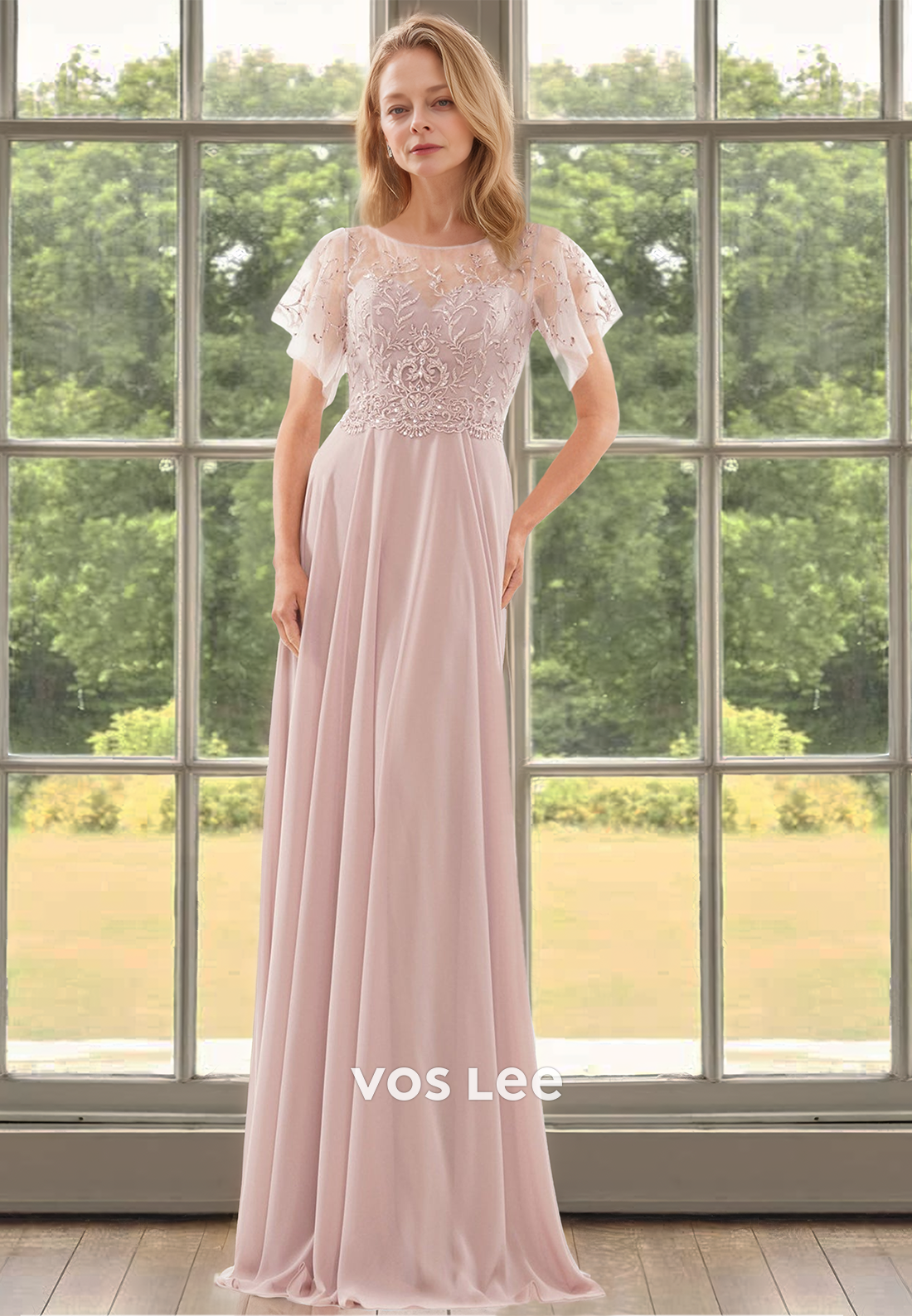 Vintage A-Line Scoop Neck Short Sleeves Pleated Lace Mother of the Bride Dress