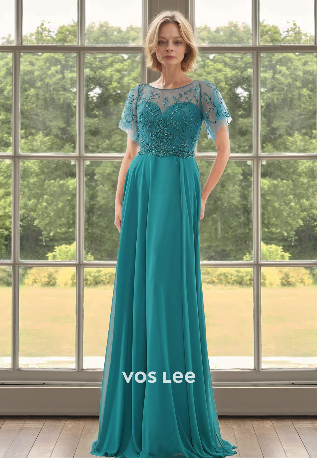 Vintage A-Line Scoop Neck Short Sleeves Pleated Lace Mother of the Bride Dress