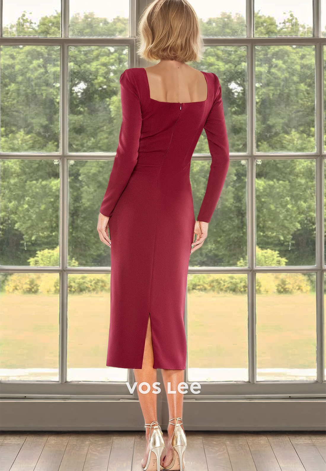 Charming Sheath Square Neck Long Sleeves Long Satin Mother of the Bride Dress