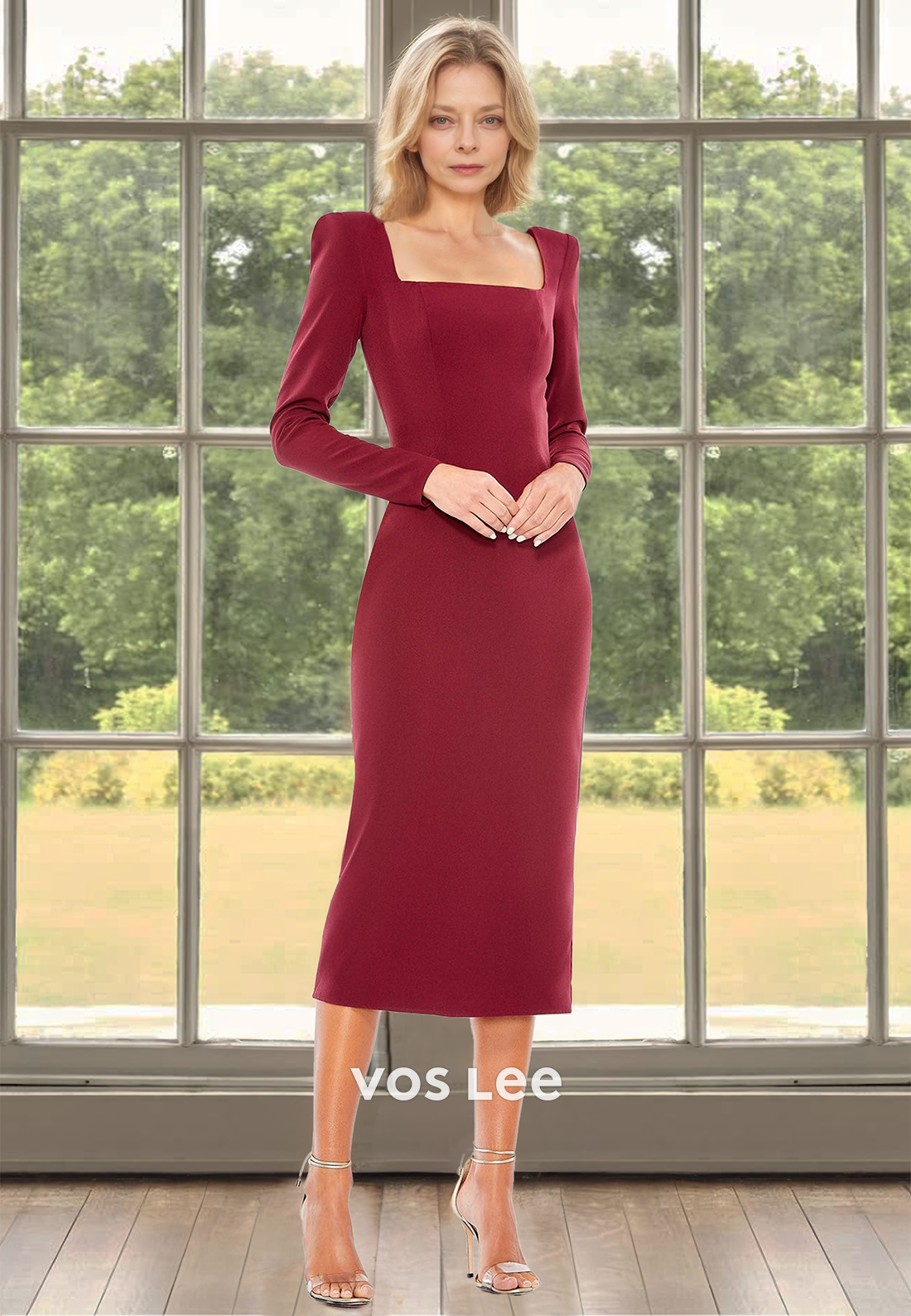 Charming Sheath Square Neck Long Sleeves Long Satin Mother of the Bride Dress