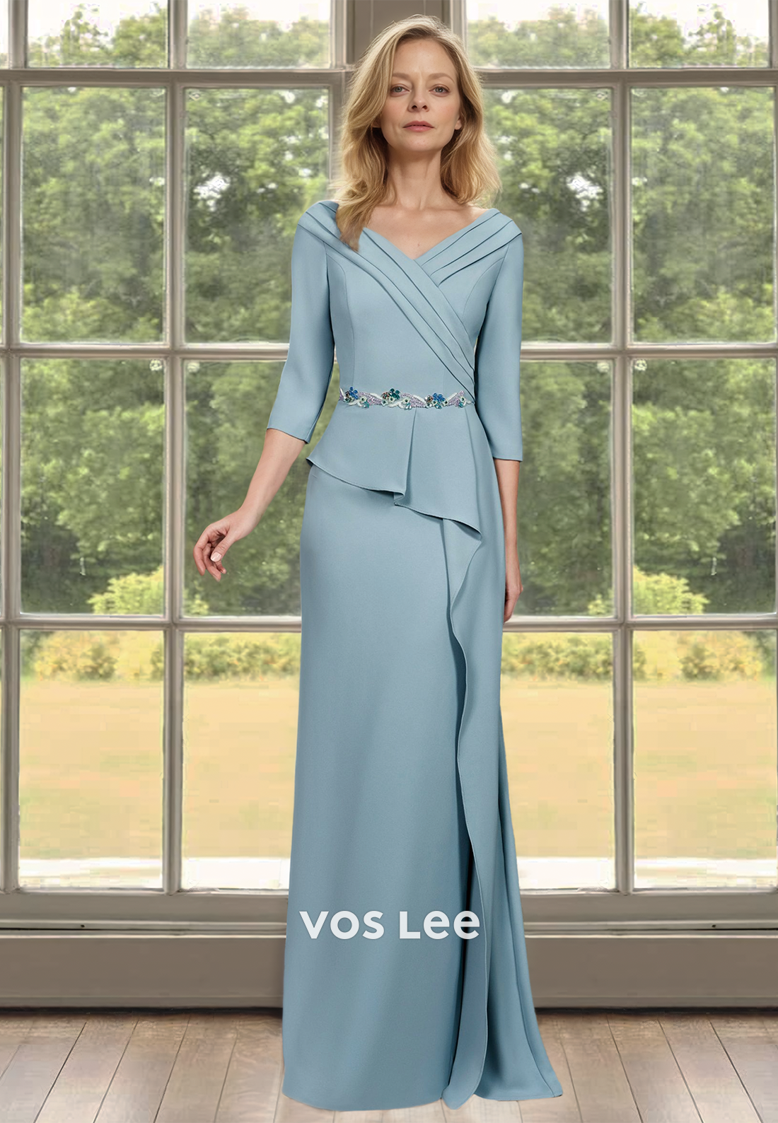 Classy Column V Neck Floor Length Ruffled Satin Mother of the Bride Dress
