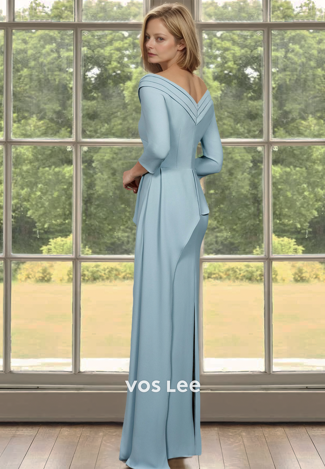 Classy Column V Neck Floor Length Ruffled Satin Mother of the Bride Dress