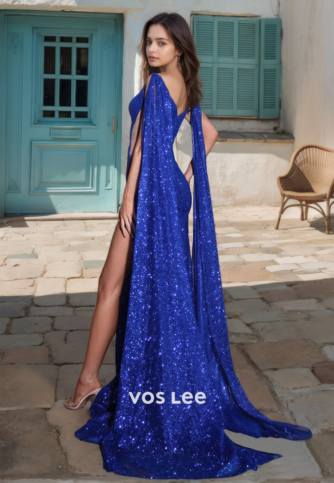 Sparkly Sheath Plunging V Neck Illusion Royal Blue Sequins Prom Party Dress