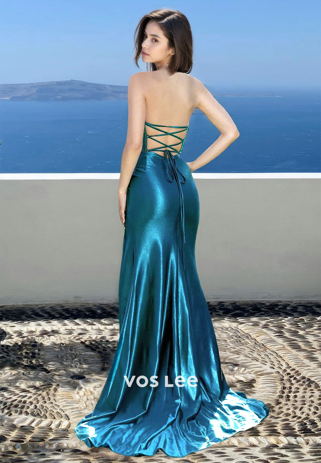 Sparkly Sheath Lace Up Strapless High Split Draped Sweep Train Prom Party Dress
