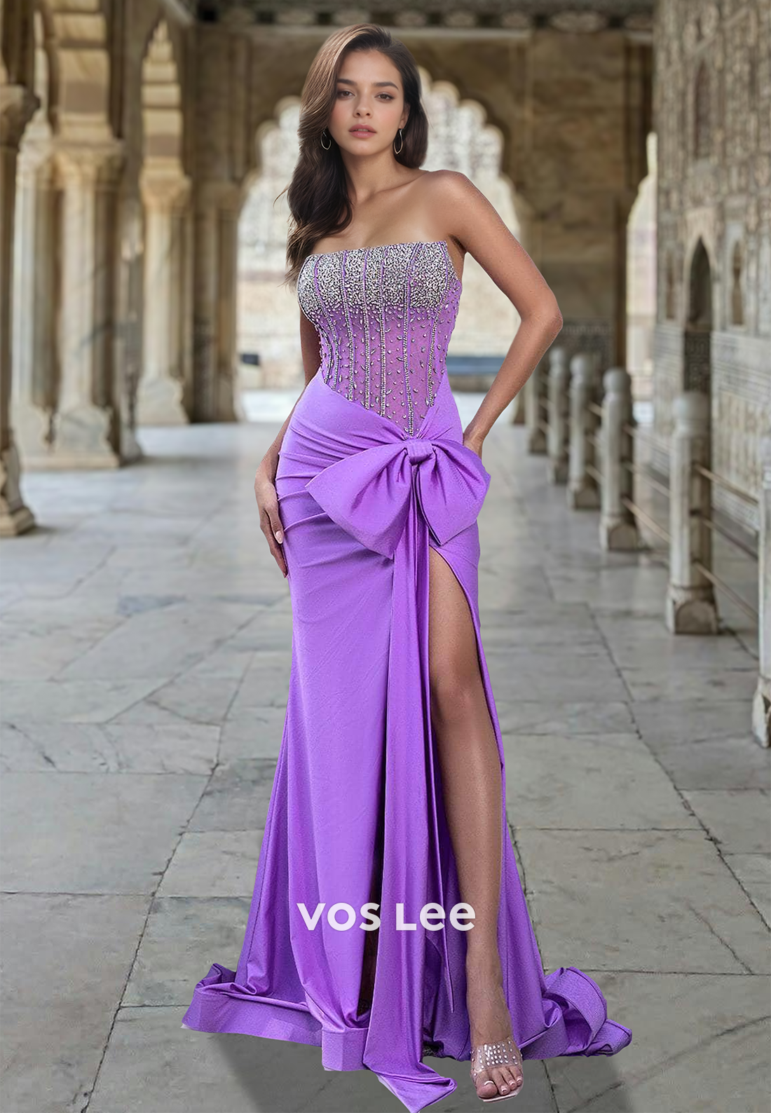Tube Top Off-Shoulder Sleeveless Evening Gowns Beaded Pleated High Slit Mermaid Prom Dress