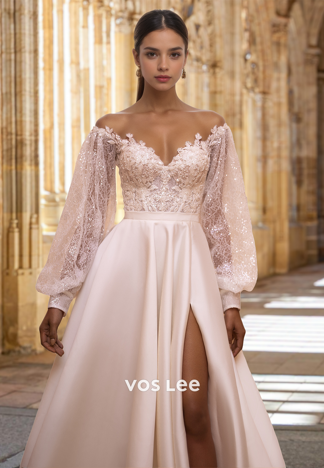 Elegant Sweetheart A-Line Long Sleeves High Slit Applique Satin Wedding Dress with Beaded
