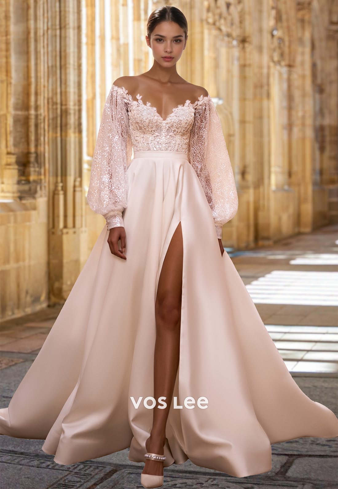 Elegant Sweetheart A-Line Long Sleeves High Slit Applique Satin Wedding Dress with Beaded