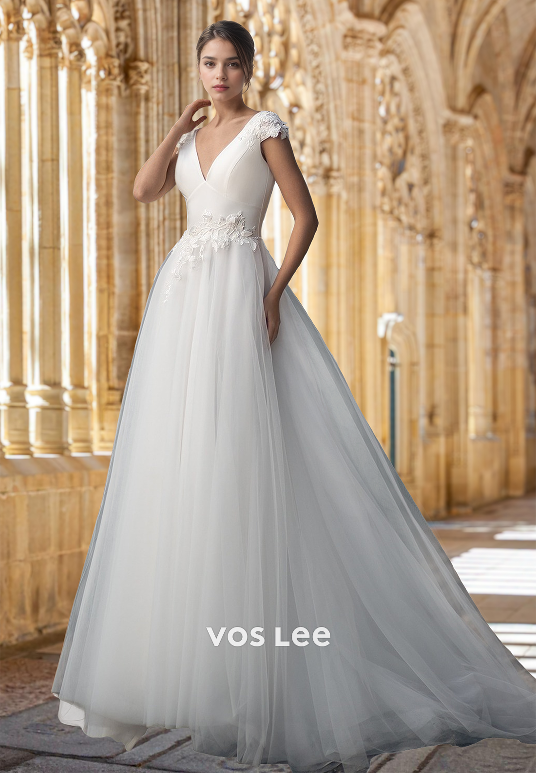 Charming A-Line V Neck Cap Sleeves Back Zipper Pleated Tulle Wedding Gown