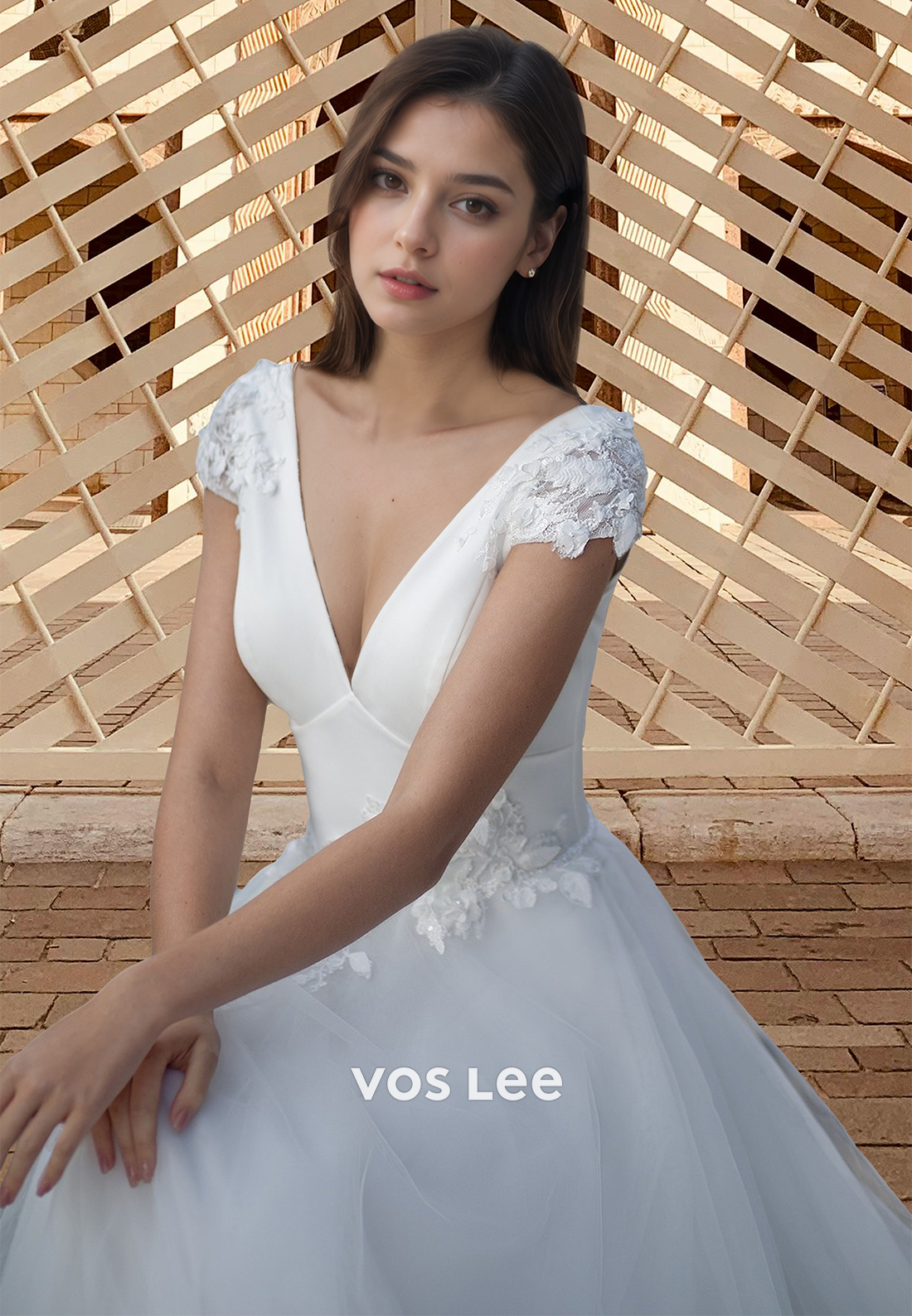 Charming A-Line V Neck Cap Sleeves Back Zipper Pleated Tulle Wedding Gown