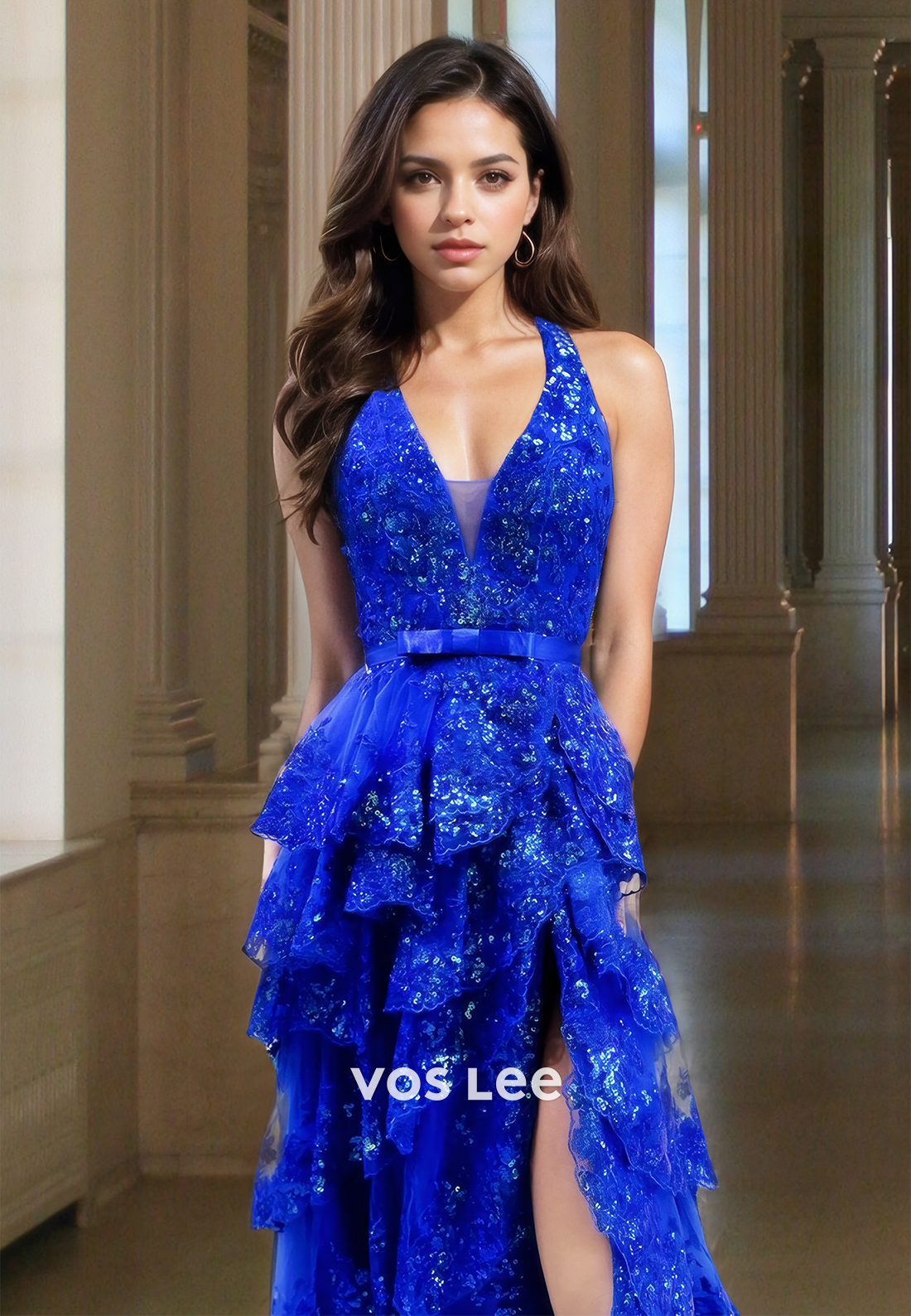 Halter V-Neck Sleeveless A-Line Side Slit Sparkly Tiered Party Evening Dress with Bow