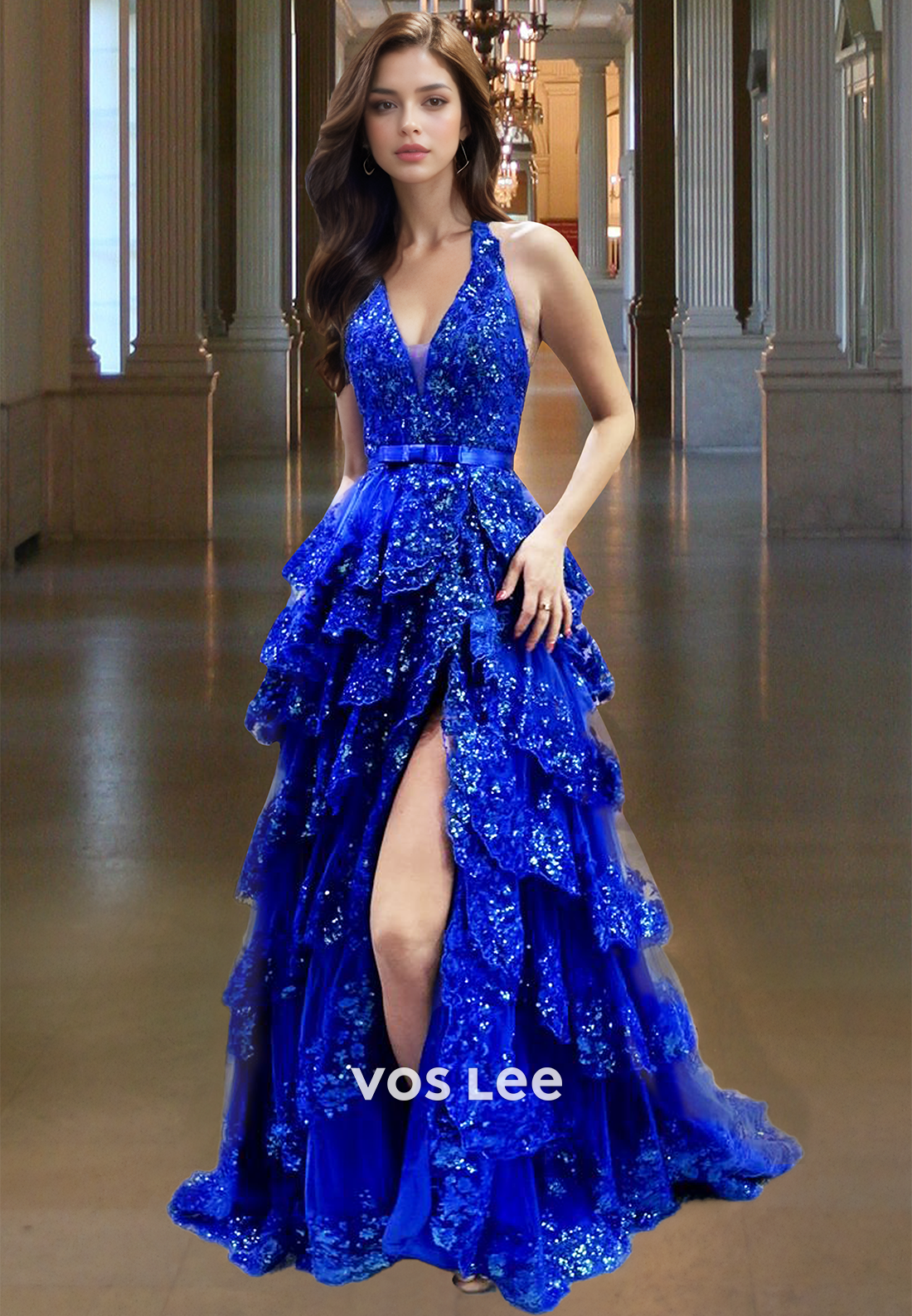 Halter V-Neck Sleeveless A-Line Side Slit Sparkly Tiered Party Evening Dress with Bow