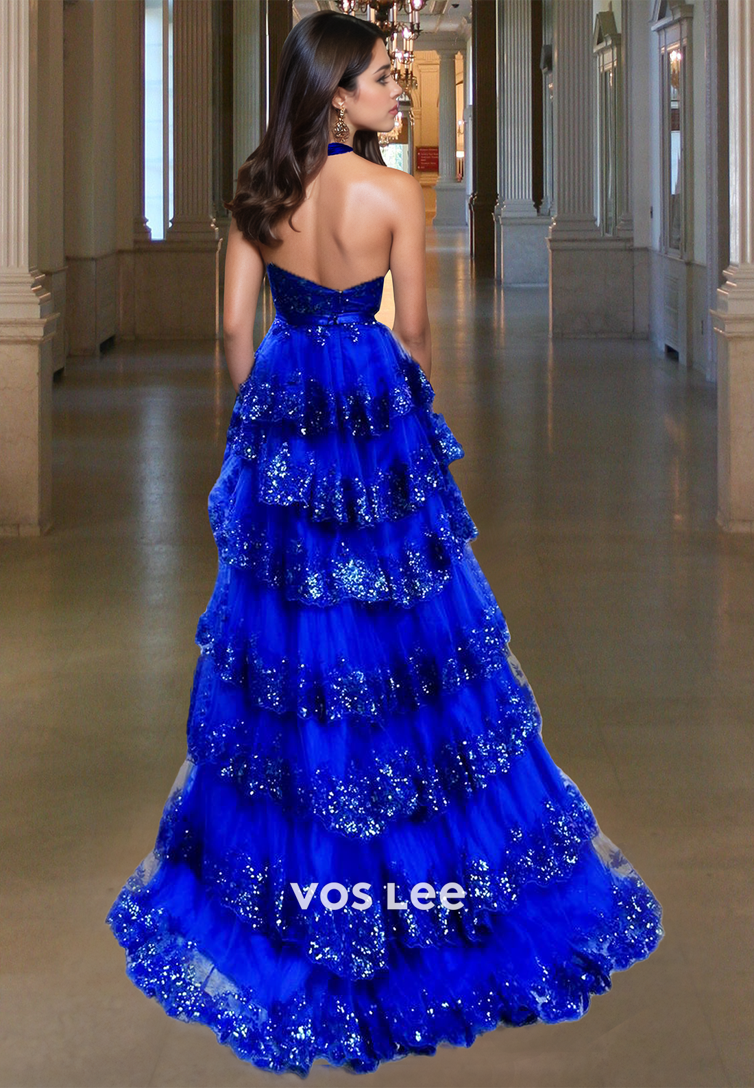 Halter V-Neck Sleeveless A-Line Side Slit Sparkly Tiered Party Evening Dress with Bow