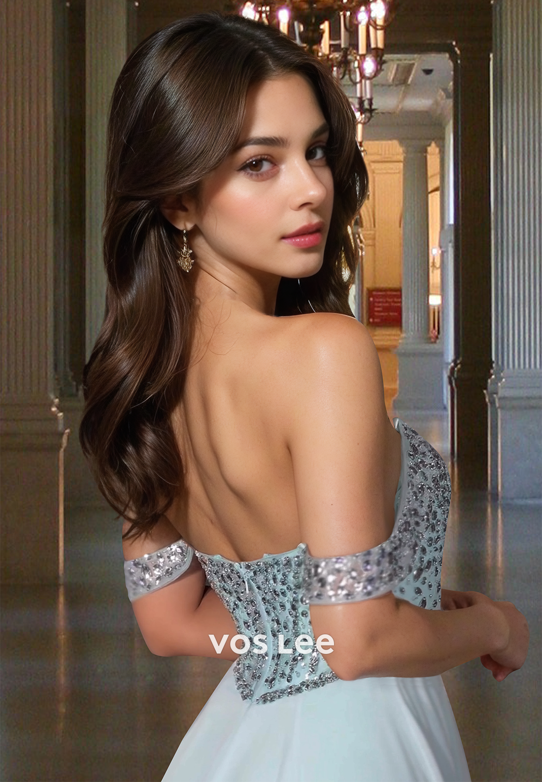 Sparkly Off Shoulder Sleeveless Back Zipper Sweep Train Beaded Prom Formal Dress