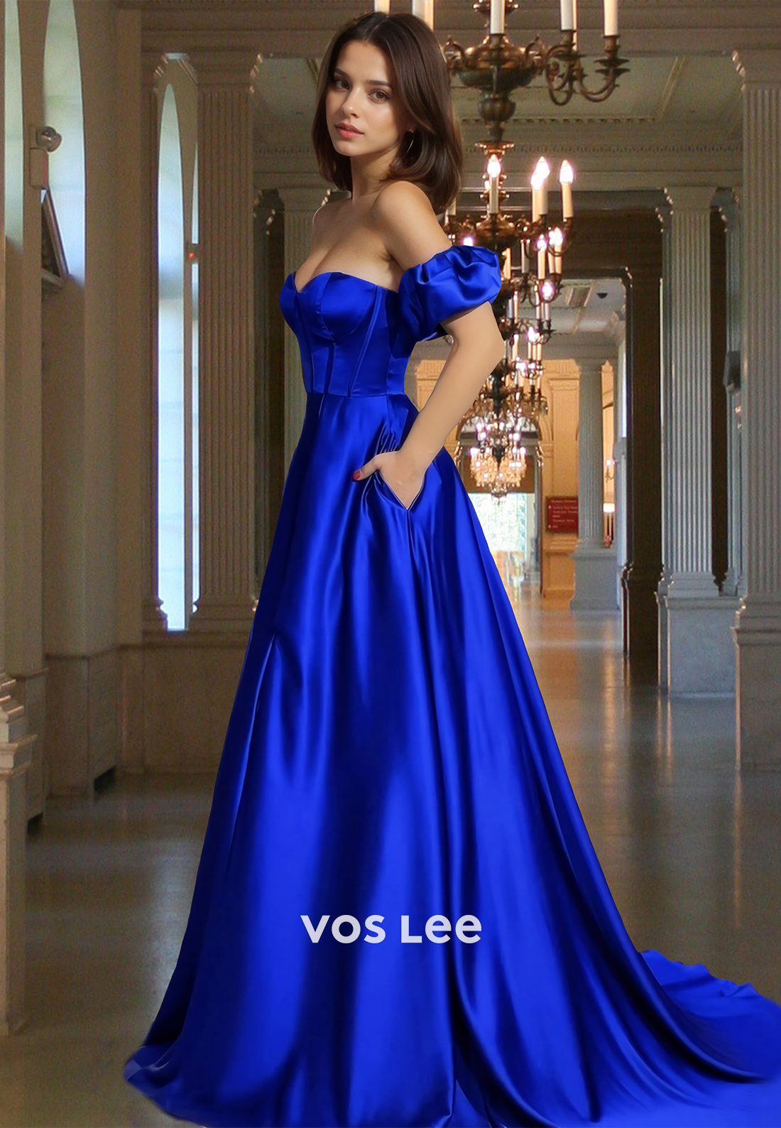 Elegant A-Line Sweetheart Puff Sleeves Pleated Satin Formal Gown with Pockets Prom Dress