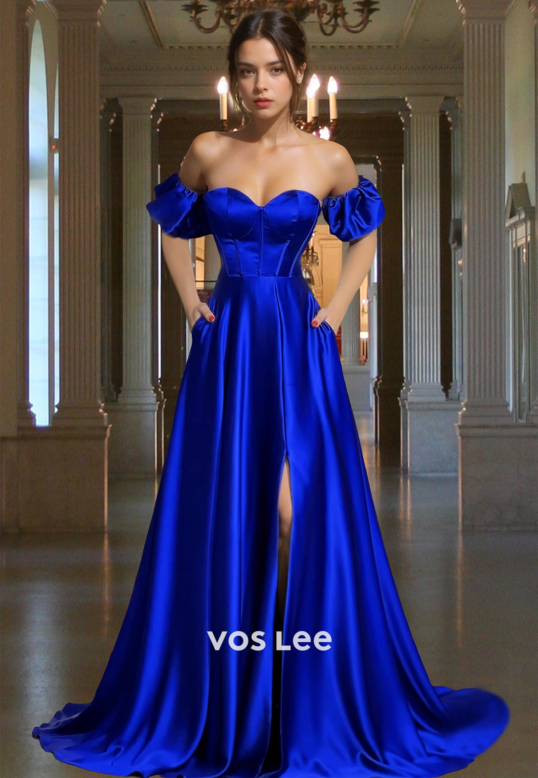 Elegant A-Line Sweetheart Puff Sleeves Pleated Satin Formal Gown with Pockets Prom Dress