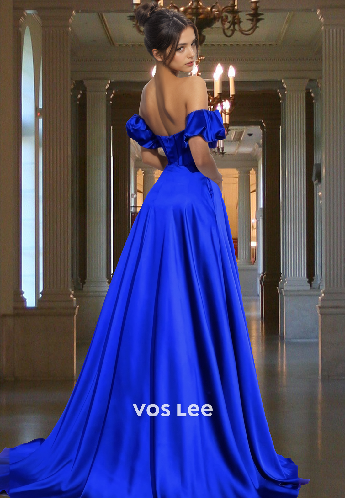Elegant A-Line Sweetheart Puff Sleeves Pleated Satin Formal Gown with Pockets Prom Dress