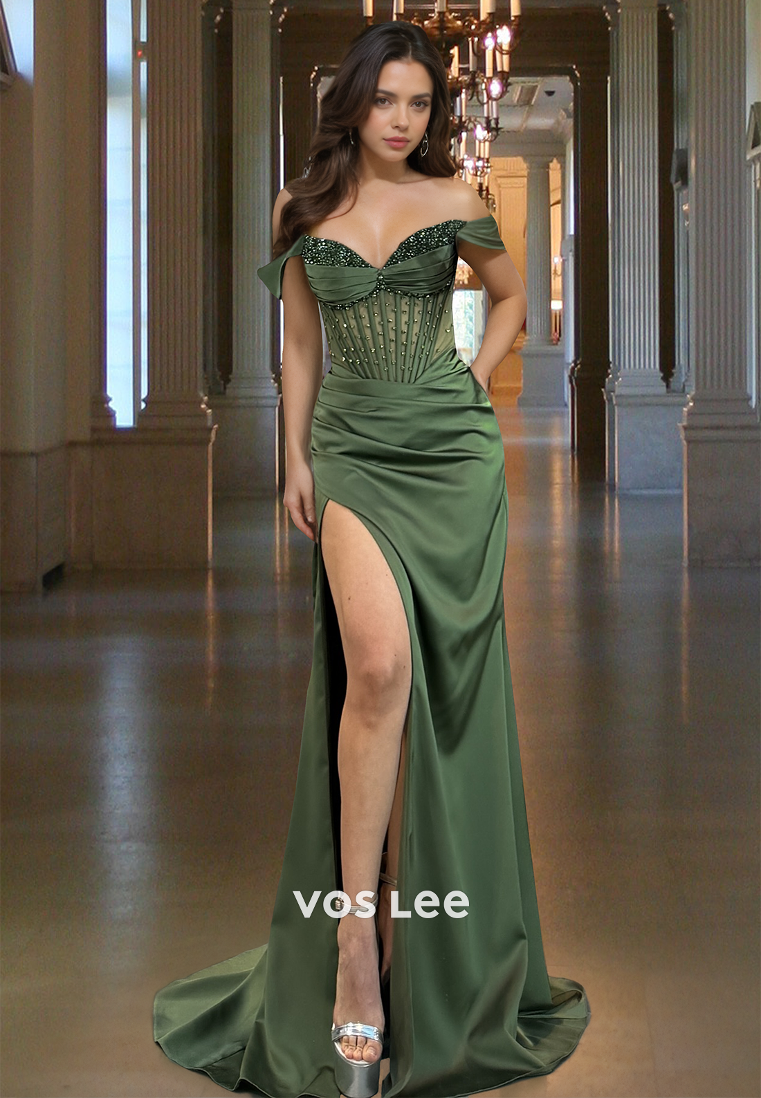Graceful Column Off Shoulder High Split Sweep Train Beaded Sequins Prom Evening Dress