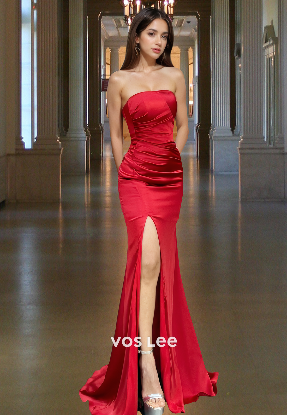 Tube Top Off-Shoulder Sleeveless Party Gowns Pleated Sweep Train High Slit Mermaid Prom Dress