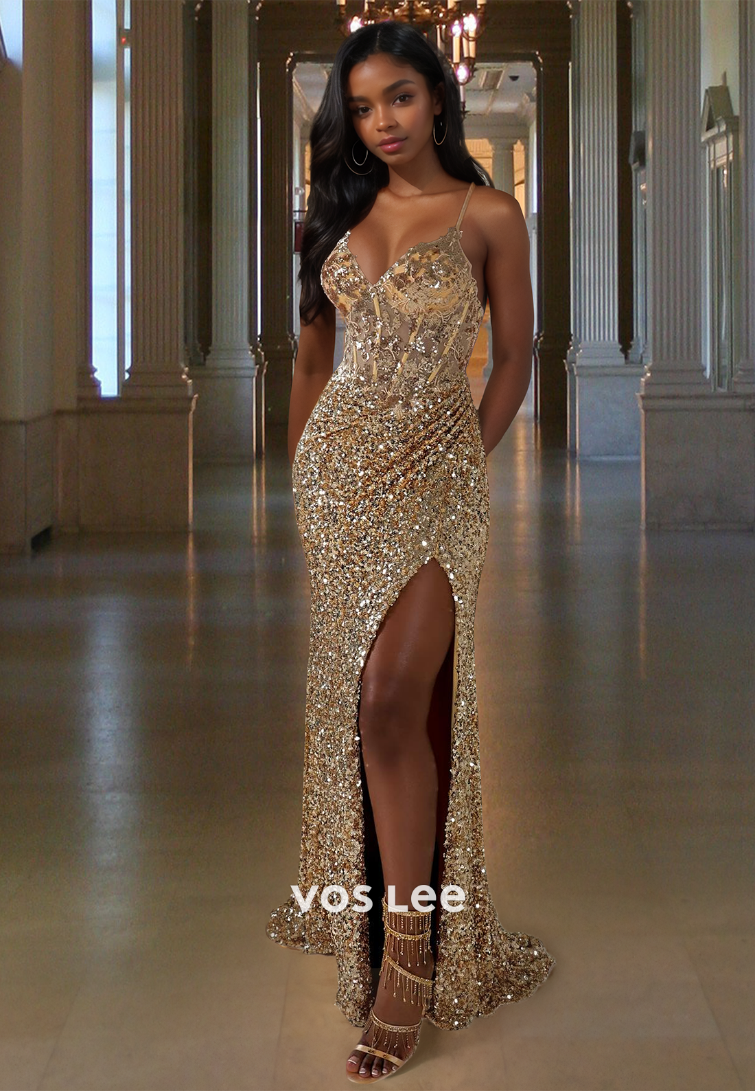 Spaghetti Straps V-Neck Off-Shoulder Mermaid Prom Dress Sleeveless Fully Sequined Slit Evening Gowns