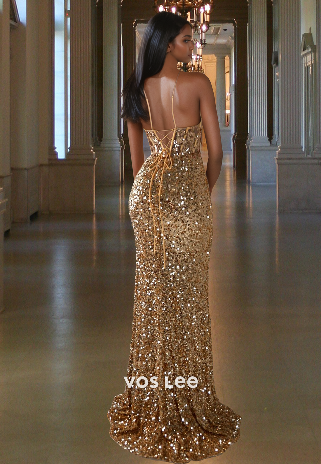Spaghetti Straps V-Neck Off-Shoulder Mermaid Prom Dress Sleeveless Fully Sequined Slit Evening Gowns